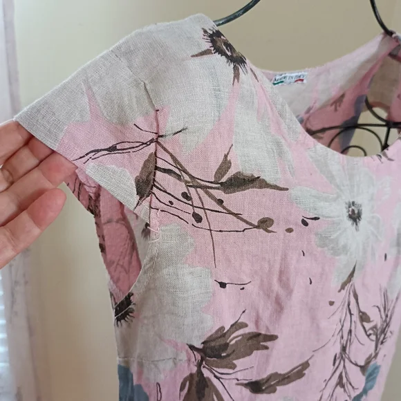 NWT PURO LINO 100% Linen Dress Made in Italy Floral Print Cap Sleeve Pockets M - Picture 10 of 17